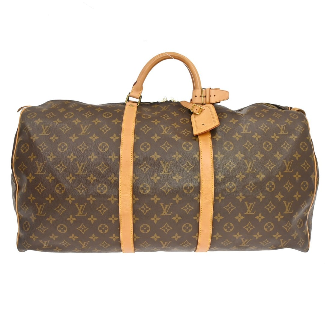 Louis Vuitton Keepall 60 Monogram Canvas Travel Duffle Bag: Louis Vuitton Keepall 60 Monogram Canvas Travel Duffle Bag This Louis Vuitton Monogram Keepall 60 Duffle Bag features the iconic monogram canvas with beige double handles and gold-tone hardware. Desig
