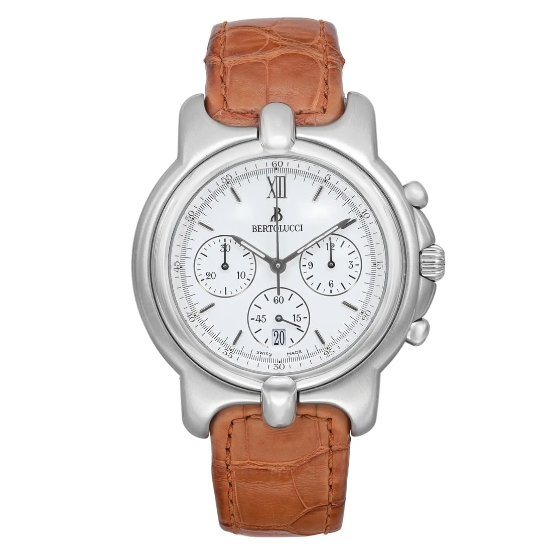 Bertolucci Pulchra Chronograph Steel Quartz Men's Watch 41mm White Dial Brown Leather Strap: Bertolucci Pulchra Chronograph Steel Quartz Men's Watch 41mm White Dial Brown Leather Strap Discover timeless elegance with the Bertolucci Pulchra Chronograph Men's Watch. This classic wristwatch feat