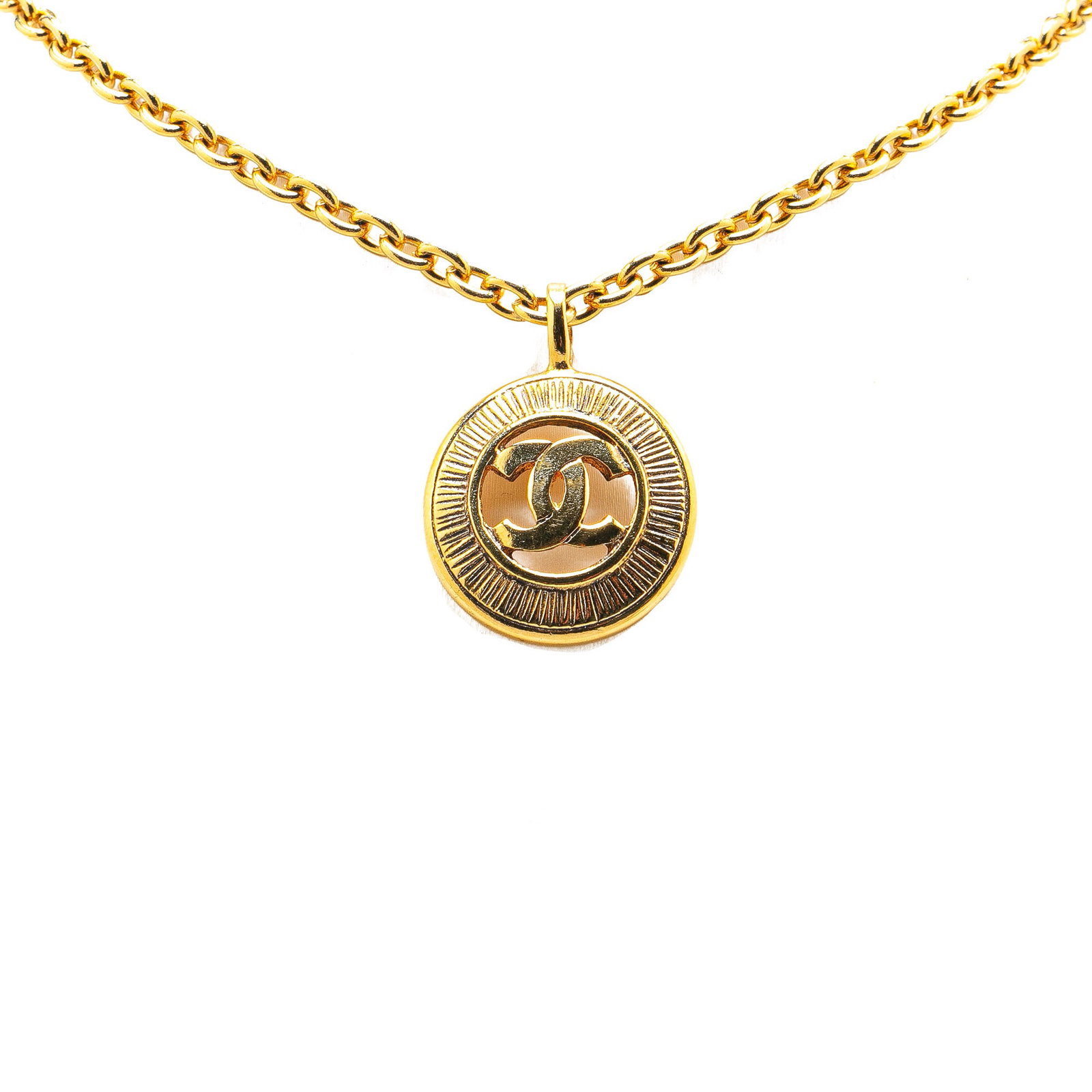 Chanel Gold Plated CC Pendant Necklace 41cm French Fashion Jewelry: Chanel Gold Plated CC Pendant Necklace 41cm French Fashion Jewelry Elevate your accessory collection with this stunning Chanel Gold Plated CC Round Pendant Necklace. Crafted with a gold-plated metal p