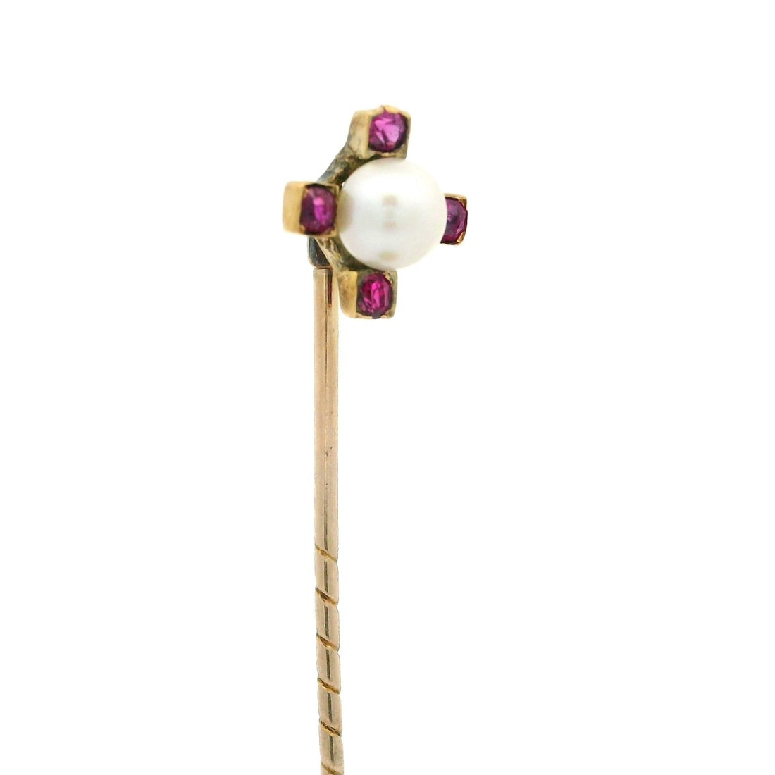Antique Victorian Stick Pin 18k Yellow Gold Pearl Pink Spinel: Antique Victorian Stick Pin 18k Yellow Gold Pearl Pink Spinel This exquisite Antique Victorian stick pin features a stunning combination of a genuine cultured pearl and vibrant pink spinels, set in a 