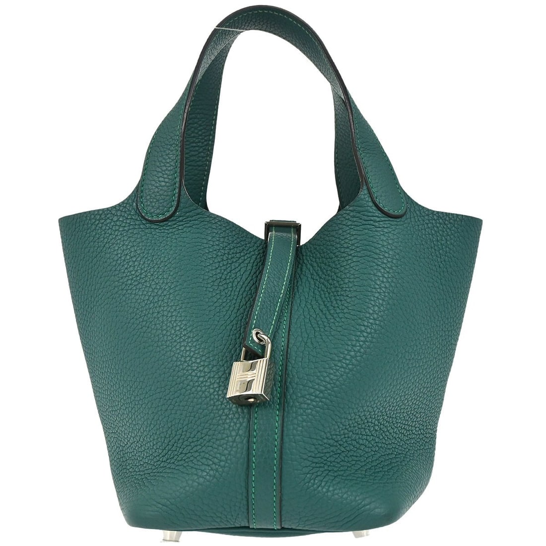 Hermes Picotin PM Malachite Taurillon Clemence Bucket Bag: Hermes Picotin PM Malachite Taurillon Clemence Bucket Bag This Hermes Picotin Lock 18 PM handbag features a luxurious Taurillon Clemence leather exterior in a striking malachite color. Designed with d