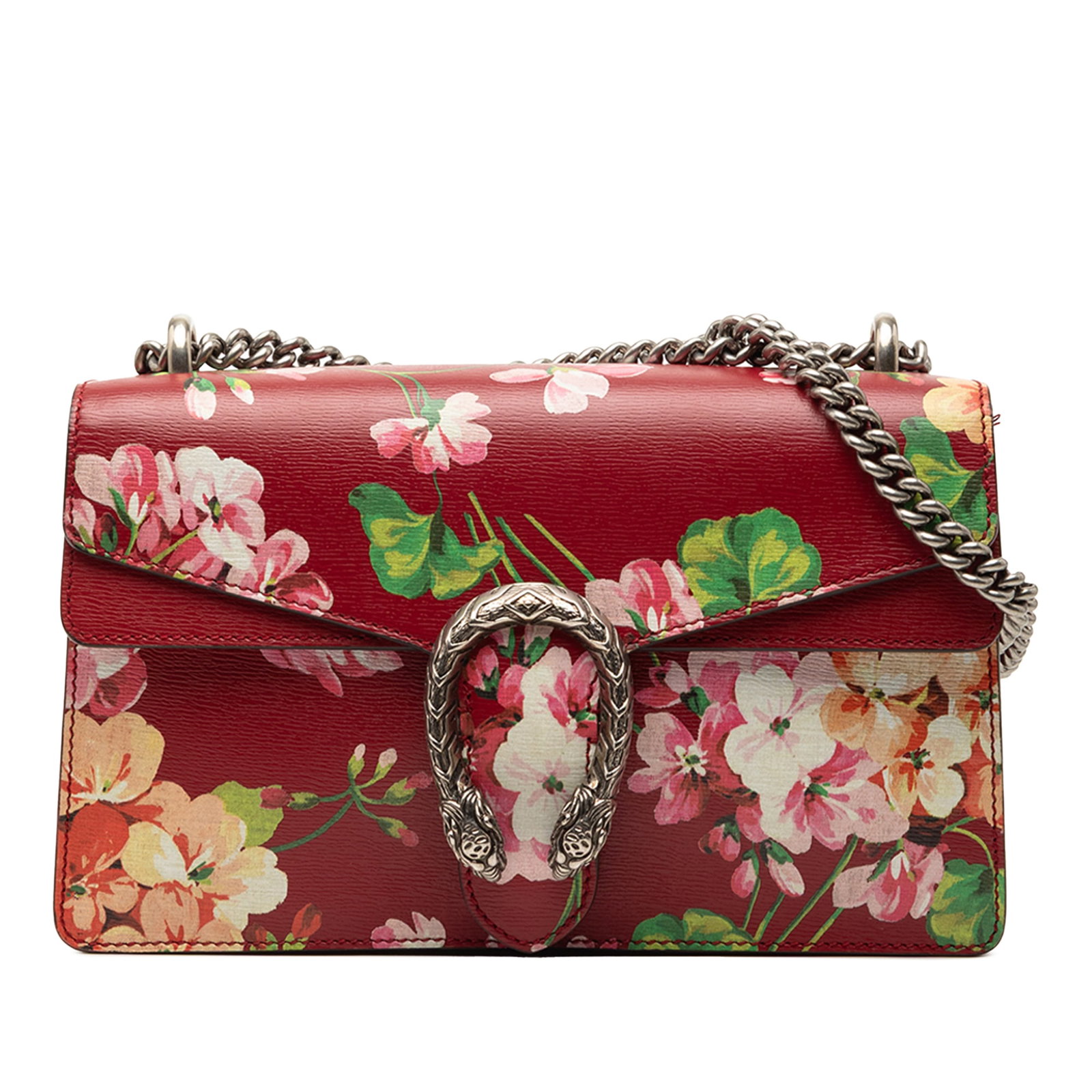 Red Leather Dionysus Medium Blooms Shoulder Bag by Gucci: Red Leather Dionysus Medium Blooms Shoulder Bag by Gucci This Gucci Medium Leather Blooms Dionysus Shoulder Bag features a red leather exterior with silver-tone chain link straps, a top flap with a pu