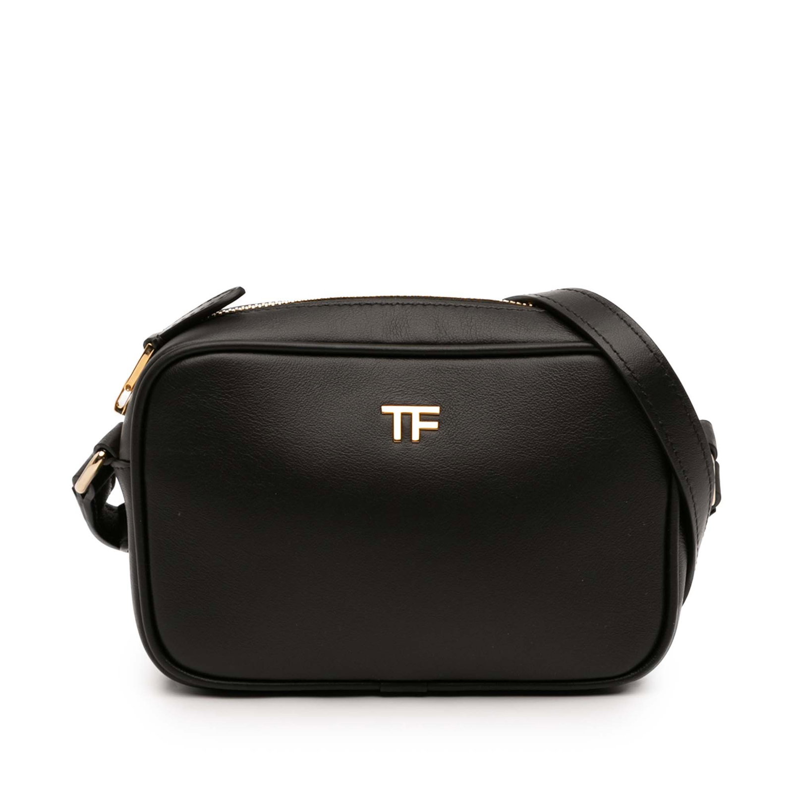 Tom Ford black leather crossbody camera bag: Tom Ford black leather crossbody camera bag This Tom Ford Leather TF Camera Bag is crafted from black leather and features an adjustable flat shoulder strap for comfortable crossbody wear. The bag is 