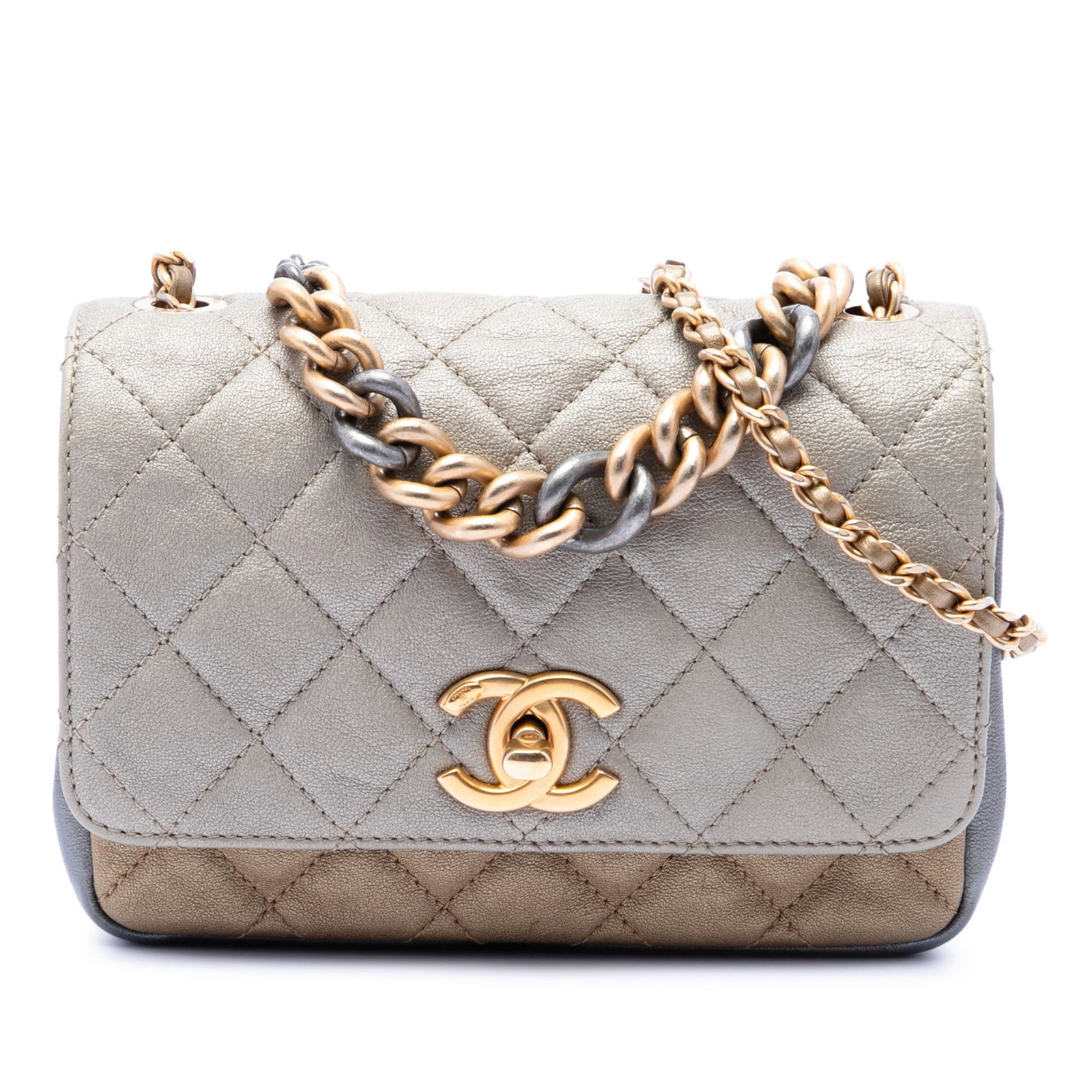 Chanel quilted lambskin flap bag with chain strap: Chanel quilted lambskin flap bag with chain strap This Chanel Small Tricolor Quilted Lambskin Camellia Flower Flap satchel is crafted from quilted lambskin leather and features a chain handle, a leath