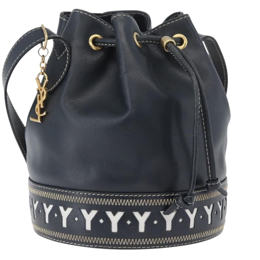 Saint Laurent Leather Shoulder Purse Navy White Gold with Charm and Card: Saint Laurent Leather Shoulder Purse Navy White Gold with Charm and Card This Saint Laurent shoulder bag features a navy, white, and gold leather exterior and is designed for women. Made in France, th