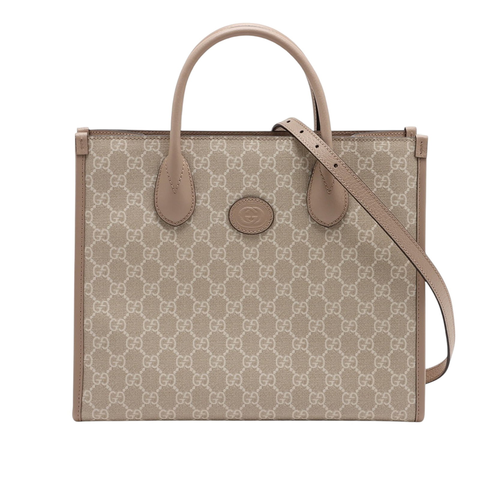 Gucci GG Supreme Interlocking G Satchel Tote Beige Leather Trim: Gucci GG Supreme Interlocking G Satchel Tote Beige Leather Trim This Gucci Small GG Supreme Interlocking G Tote is crafted in coated canvas with leather trim and features rolled leather handles and a 