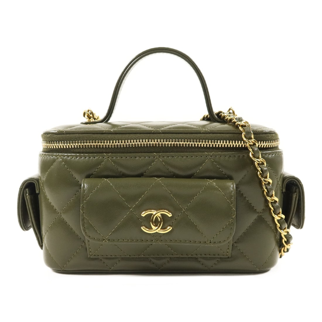 CHANEL AP3017 Lambskin Vanity Shoulder Bag Olive Green GHW: CHANEL AP3017 Lambskin Vanity Shoulder Bag Olive Green GHW This CHANEL CC Vanity Case is a versatile 2-way shoulder bag crafted from luxurious lambskin leather in an olive green hue. Featuring gold-to