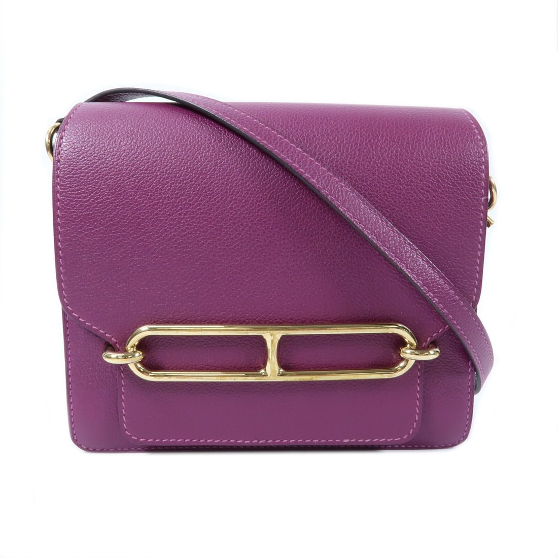 Hermes Mini Roulis Purple Evercolor Calfskin Shoulder Bag with Gold Hardware: Hermes Mini Roulis Purple Evercolor Calfskin Shoulder Bag with Gold Hardware This Hermes Mini Roulis shoulder bag features Evercolor calfskin leather in a striking anemone purple shade. The bag is des