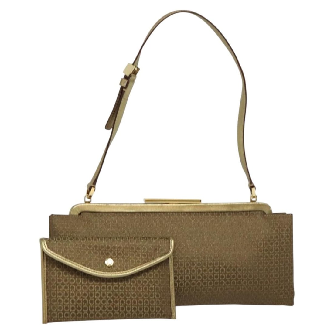 Beige Canvas Womens Shoulder Purse by Salvatore Ferragamo with Mirror: Beige Canvas Womens Shoulder Purse by Salvatore Ferragamo with Mirror This Salvatore Ferragamo women's shoulder bag features a beige and gold canvas exterior and is designed for both style and functio