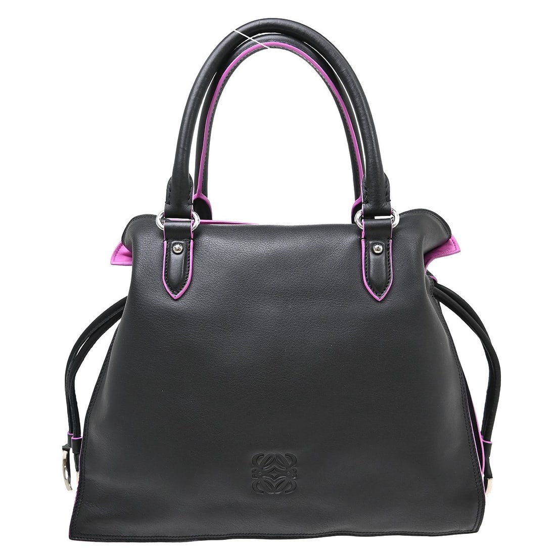 Loewe Flamenco Black Leather Top Handle Bag: Loewe Flamenco Black Leather Top Handle Bag This Loewe Flamenco handbag features a sleek black leather exterior with double leather handles and a magnetic closure. The medium-sized top handle bag incl
