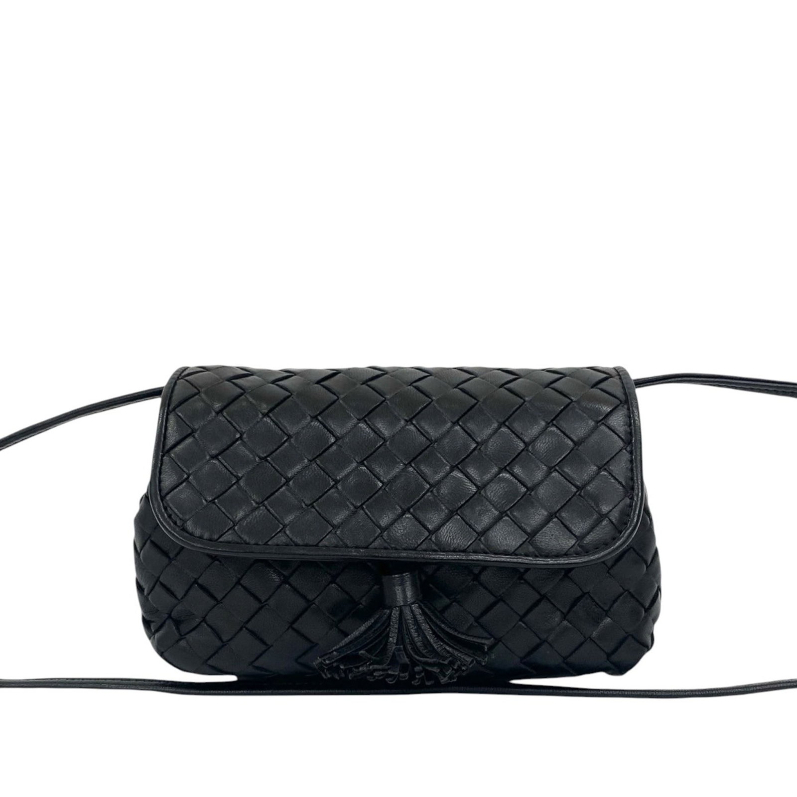 Bottega Veneta Mini Intrecciato Black Leather Crossbody Bag: Bottega Veneta Mini Intrecciato Black Leather Crossbody Bag This Bottega Veneta Mini Nappa Intrecciato Crossbody showcases a signature woven nappa leather body in black, complemented by a flat leather