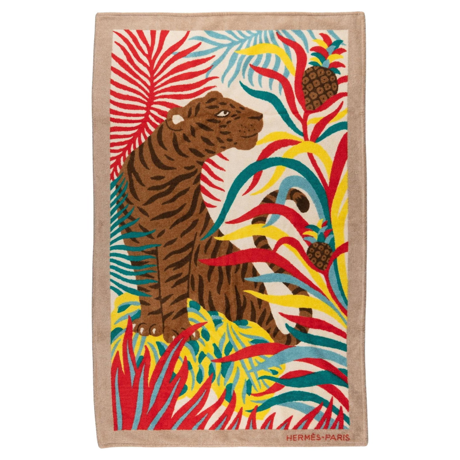 Hermes Tigre a l'ananas Beach Towel 100 Cotton by Stefany Devaux Bellamy: Hermes Tigre a l'ananas Beach Towel 100 Cotton by Stefany Devaux Bellamy Experience luxury with the Hermes "Tigre a l'ananas" Beach Towel, designed by Stefany Devaux Bellamy. This exquisite terry clot