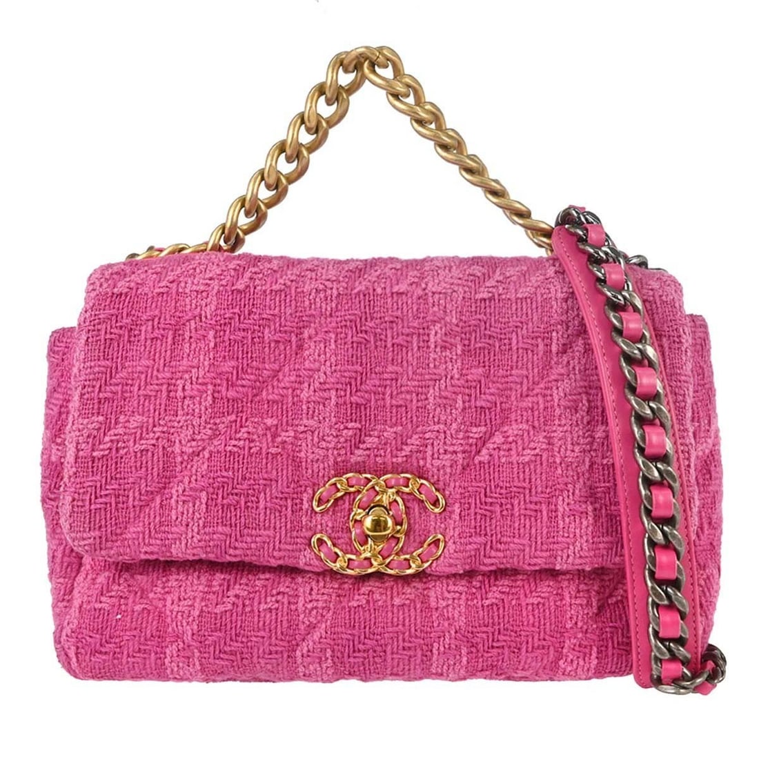 Chanel 19 Pink Tweed Flap Bag: Chanel 19 Pink Tweed Flap Bag This Chanel 19 Flap Bag features a quilted tweed exterior in pink, combining the brand's signature design with a modern, textured finish. The bag offers a stylish and pra