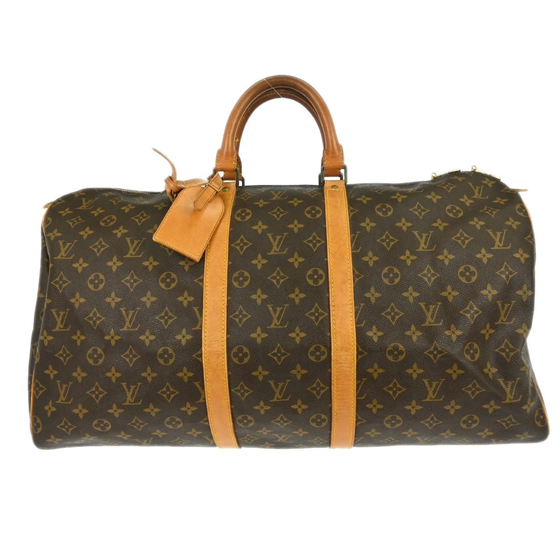 Louis Vuitton Keepall 55 Monogram Canvas Travel Duffle Bag: Louis Vuitton Keepall 55 Monogram Canvas Travel Duffle Bag This Louis Vuitton Keepall 55 is a vintage duffle handbag crafted from signature monogram canvas leather with beige leather double handles. D