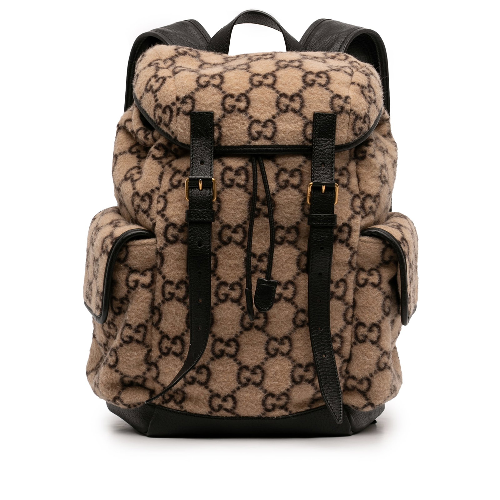 Gucci Beige Wool Backpack with Leather Trim: Gucci Beige Wool Backpack with Leather Trim This Gucci GG Wool Backpack features a wool body complemented by leather trim, a flat top handle, and adjustable back straps. The design includes a top flap