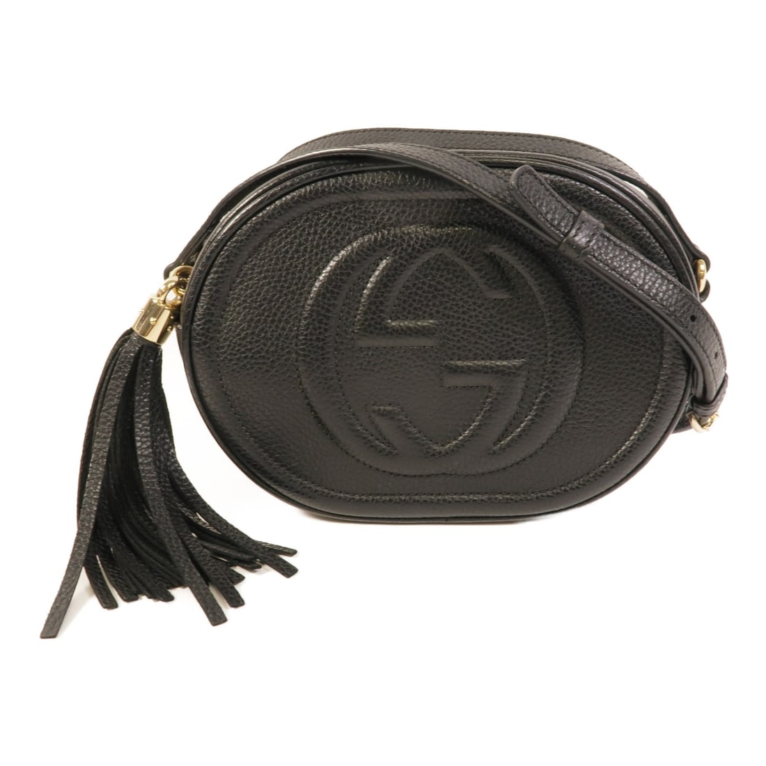 Gucci Soho Oval Camera Shoulder Bag Black Calfskin: Gucci Soho Oval Camera Shoulder Bag Black Calfskin This GUCCI GG Soho Oval Camera Bag is crafted from luxurious black calfskin leather and features a sleek, compact design. The bag is designed as a sh