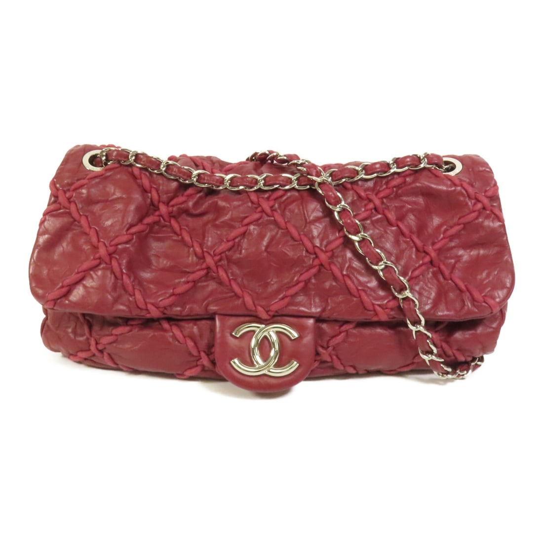 Red Calfskin Leather Shoulder Bag with Silver Tone Hardware by CHANEL: Red Calfskin Leather Shoulder Bag with Silver Tone Hardware by CHANEL This CHANEL shoulder bag features a striking red calfskin leather exterior and silver-tone hardware. Crafted in France, it offers 