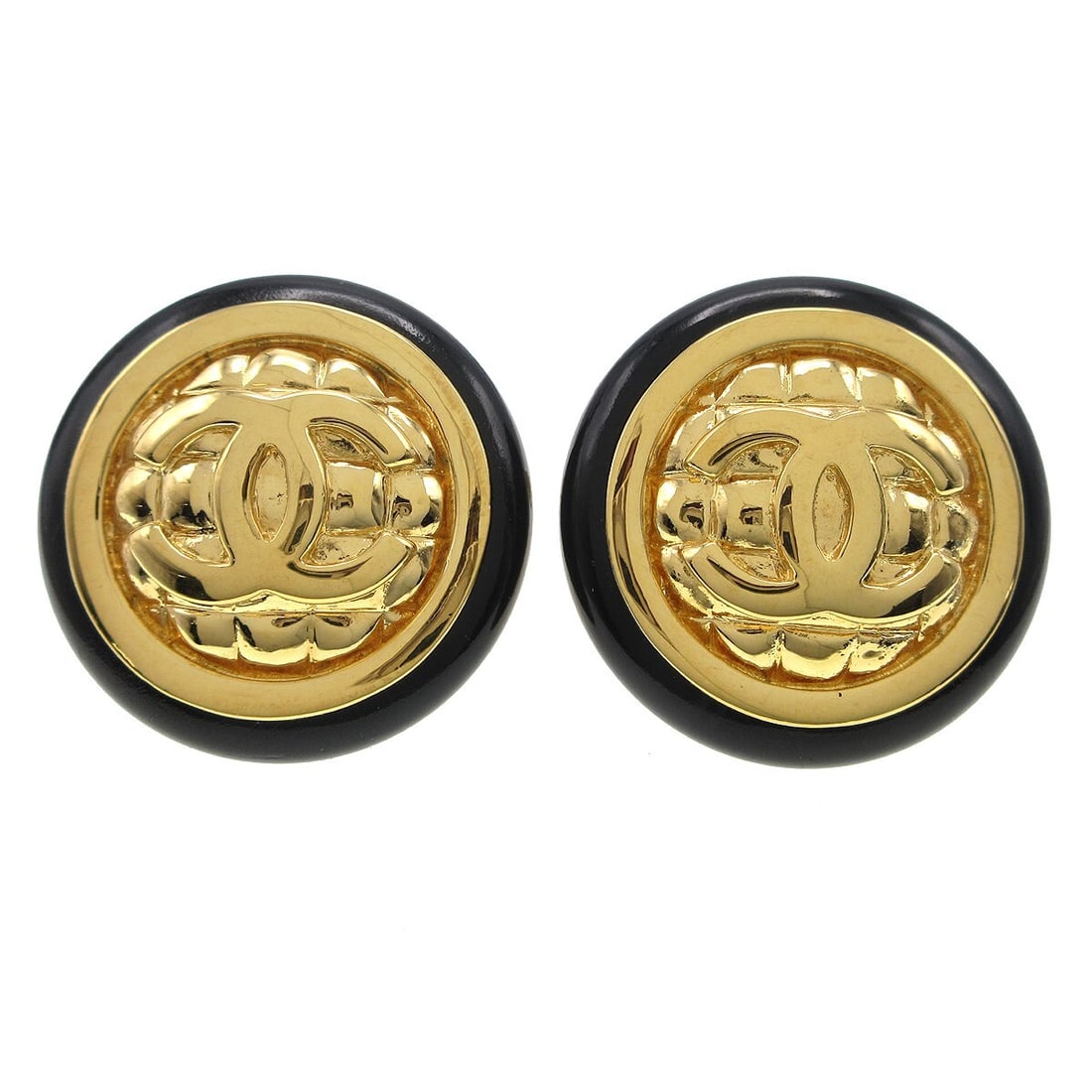 Chanel Clip-On Button Earrings Black and Gold: Chanel Clip-On Button Earrings Black and Gold Elevate your accessory collection with these stunning Chanel Button Earrings. Crafted with a chic round shape, these clip-on earrings feature a striking c