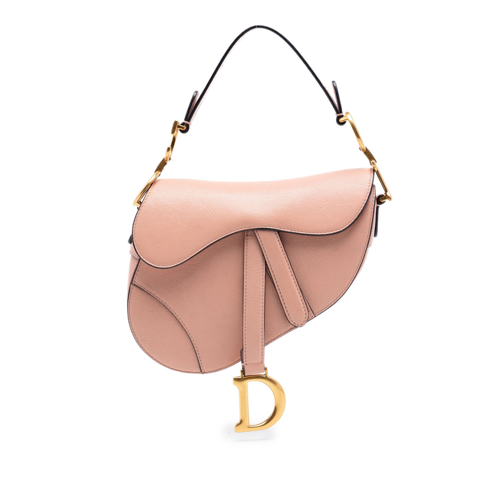 Dior pink goatskin mini saddle bag: Dior pink goatskin mini saddle bag This Dior Mini Saddle Bag is crafted from goatskin leather in pink and features a flat leather strap, a front flap closure, an exterior back slip pocket, and an inte