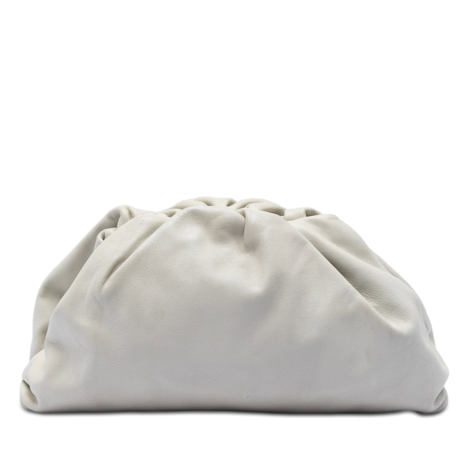Bottega Veneta Lambskin Leather Magnetic Clutch The Pouch: Bottega Veneta Lambskin Leather Magnetic Clutch The Pouch This Bottega Veneta Lambskin The Pouch features a soft leather body in white and is designed with a top magnetic closure for secure storage. M