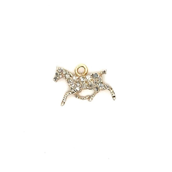 Antique 10k Gold Silver Galloping Horse Pendant with 23 Diamonds: Antique 10k Gold Silver Galloping Horse Pendant with 23 Diamonds This exquisite antique pendant features a galloping horse design, crafted from a blend of 10k gold and silver. The charm is adorned wit