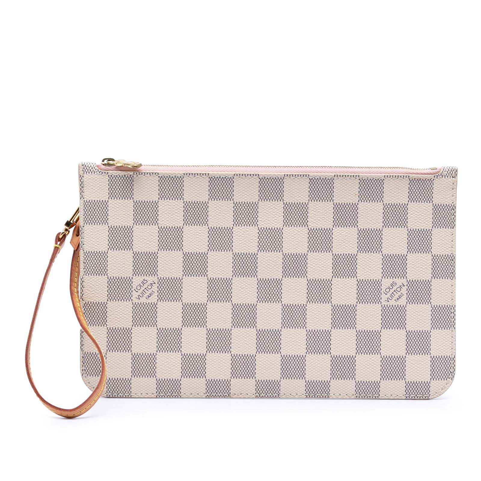 Louis Vuitton Damier Azur canvas zip pouch with wrist strap: Louis Vuitton Damier Azur canvas zip pouch with wrist strap This Louis Vuitton Damier Azur Neverfull MM Pouch features the iconic Damier Azur canvas, a detachable flat leather wrist strap, a secure to