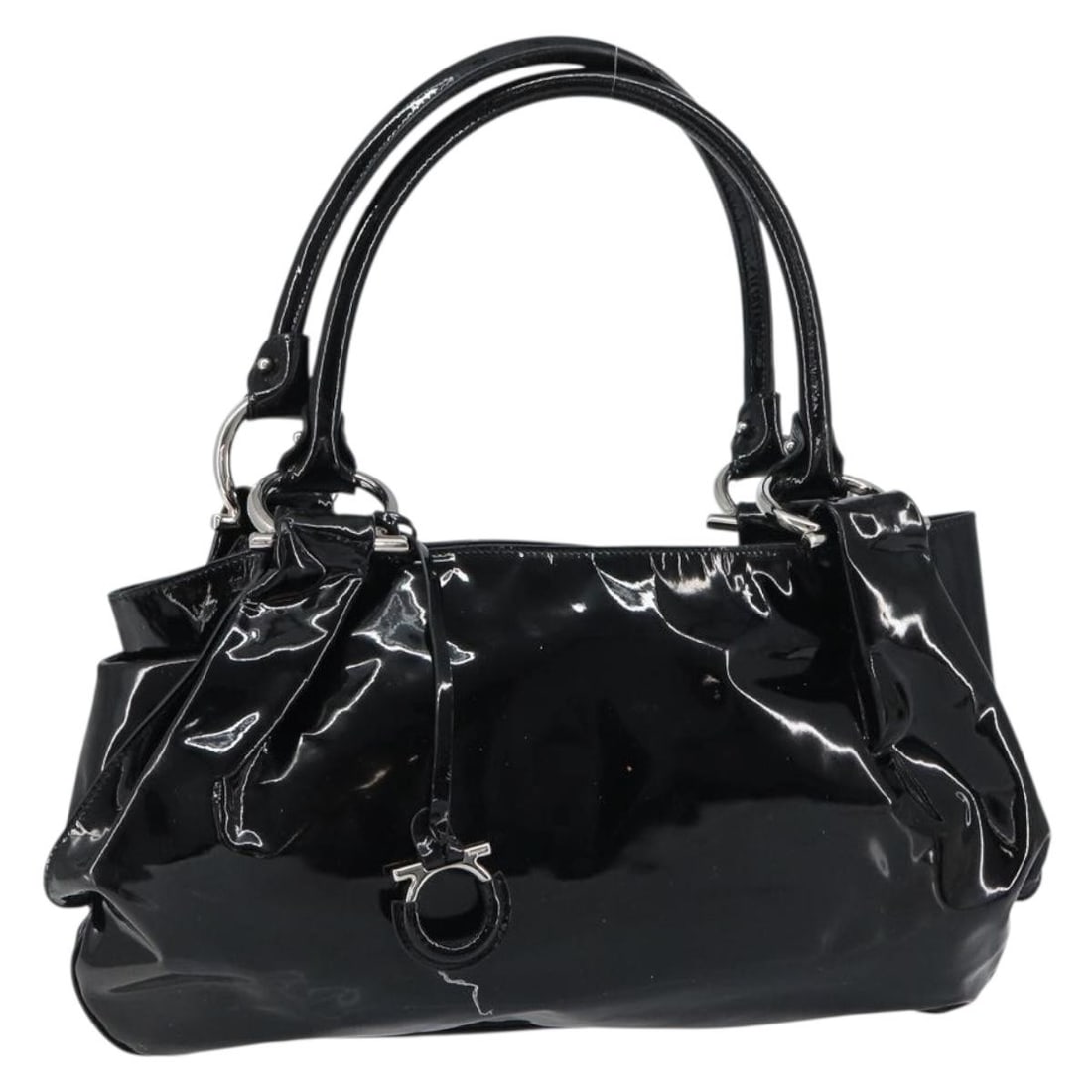 Black Patent Leather Tote Bag with Gancini Hardware by Salvatore Ferragamo: Black Patent Leather Tote Bag with Gancini Hardware by Salvatore Ferragamo This Salvatore Ferragamo Gancini Tote is crafted from black patent leather, designed for women. It features metal fittings an