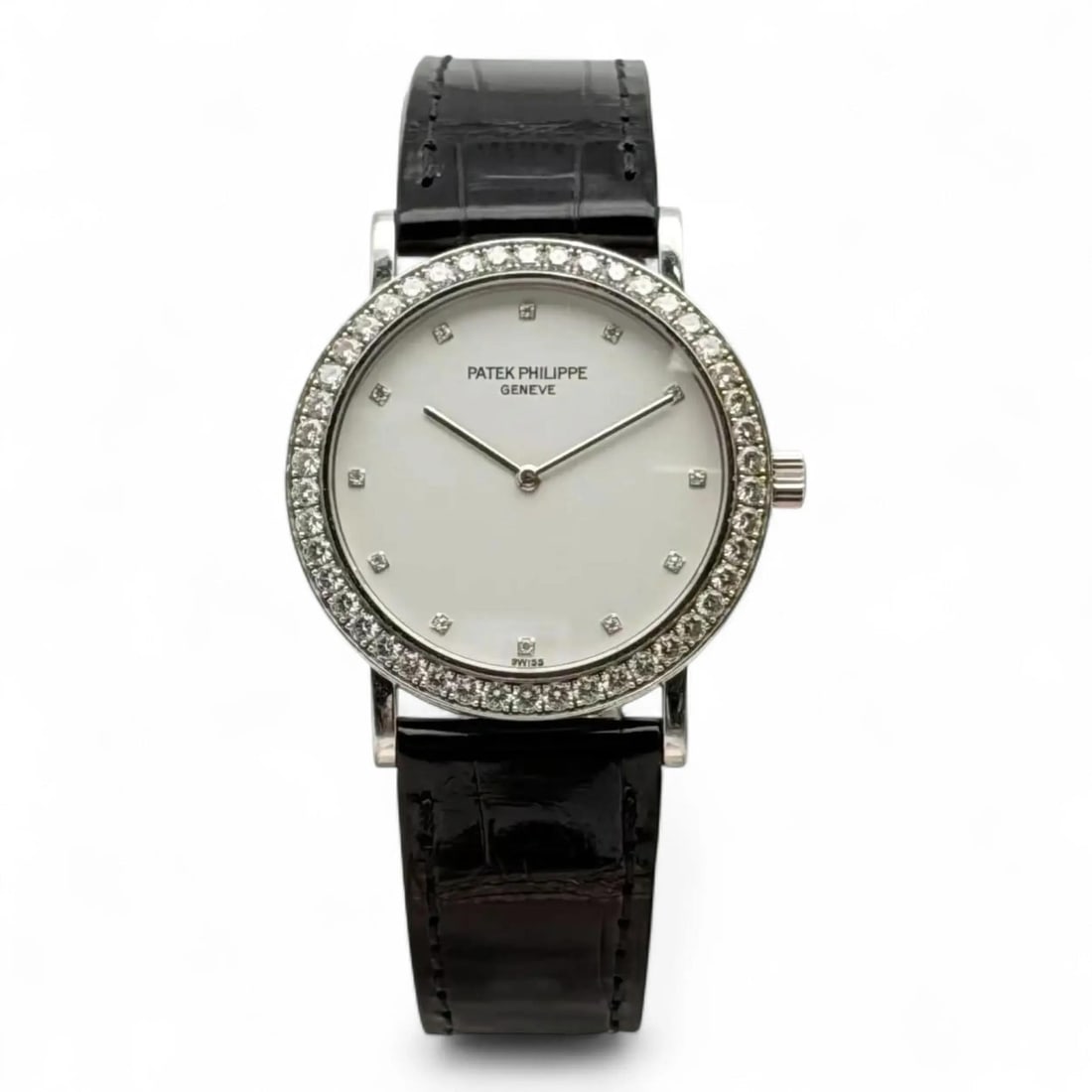 Calatrava 5006G White Gold Unisex Watch With Diamond Dial and Leather Strap: Calatrava 5006G White Gold Unisex Watch With Diamond Dial and Leather Strap This Patek Philippe Calatrava 5006G wristwatch features an 18k white gold case with a brushed finish, complemented by a whit