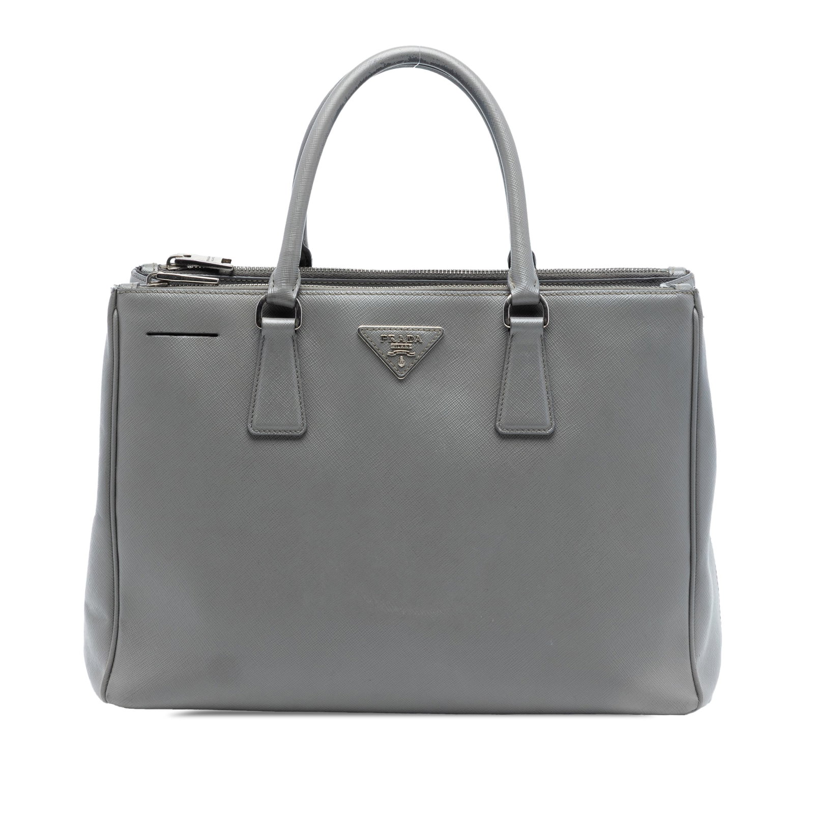 Prada Galleria Medium Saffiano Leather Double Zip Satchel Gray: Prada Galleria Medium Saffiano Leather Double Zip Satchel Gray This Prada Medium Saffiano Lux Galleria Double Zip Satchel features a gray saffiano leather body, rolled leather handles, an open top wit