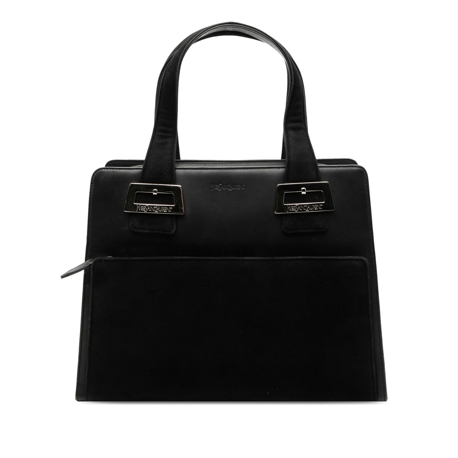 Saint Laurent Tribute Suede and Leather Black Top Handle Handbag: Saint Laurent Tribute Suede and Leather Black Top Handle Handbag This Saint Laurent top handle bag is crafted from leather and suede in black and features flat leather handles, a top zip closure, an e