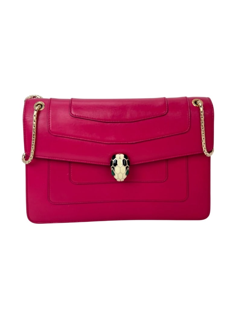 Bvlgari Serpenti Forever Pink Leather Shoulder Bag Gold Hardware: Bvlgari Serpenti Forever Pink Leather Shoulder Bag Gold Hardware Discover the elegance of the Bvlgari Serpenti Forever Shoulder Bag in a striking dark pink hue. This medium-sized rectangular bag featu