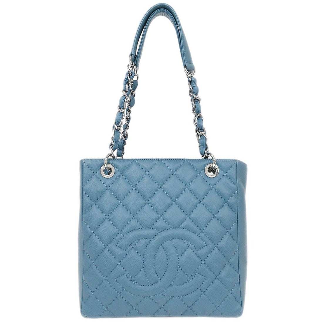 Chanel Light Blue Caviar Quilted Chain Tote Handbag: Chanel Light Blue Caviar Quilted Chain Tote Handbag This Chanel Petite Shopping Tote (PST) is crafted from light blue caviar skin leather and features a signature quilted pattern. The medium-sized tot
