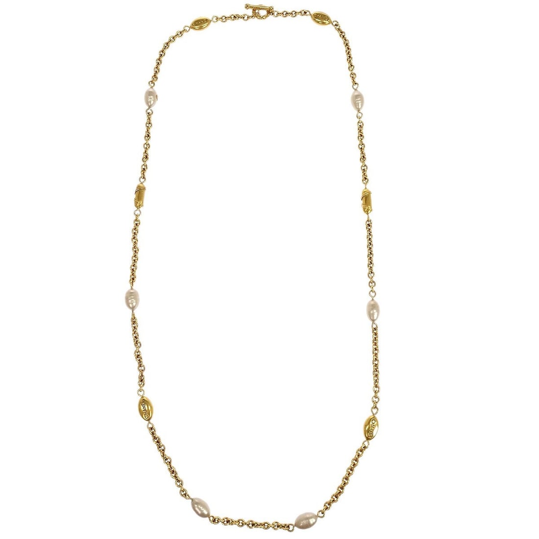 Chanel Gold Plated Chain Necklace with Artificial Pearl 94A: Chanel Gold Plated Chain Necklace with Artificial Pearl 94A This Chanel chain necklace features a gold-plated finish and is adorned with artificial pearls, offering a classic and sophisticated look. C