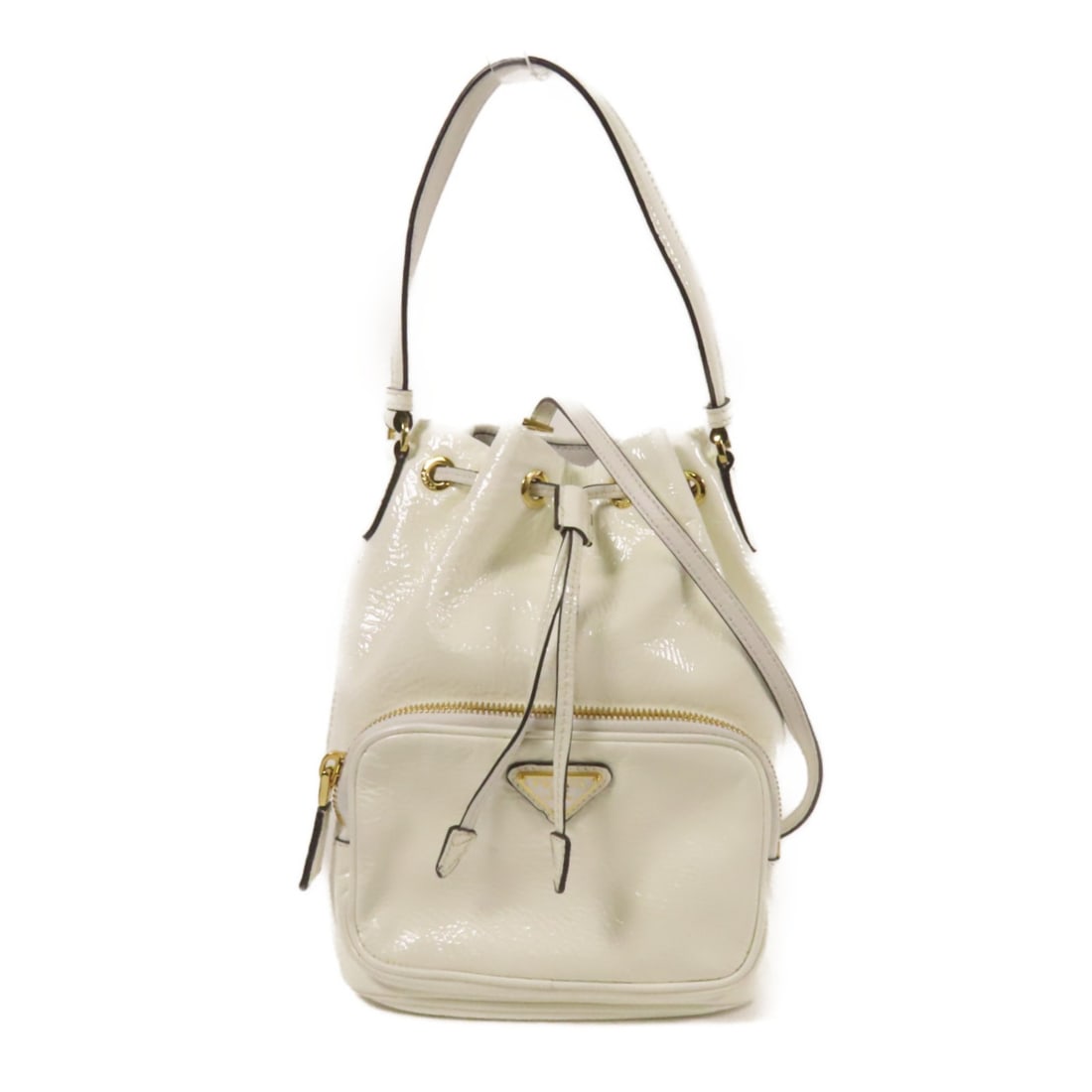 Prada Duet Naplak white patent leather 2way shoulder bag GHW: Prada Duet Naplak white patent leather 2way shoulder bag GHW This Prada Duet Naplak 2-way shoulder bag is crafted from glossy white patent leather and features gold-tone hardware. Designed for versati