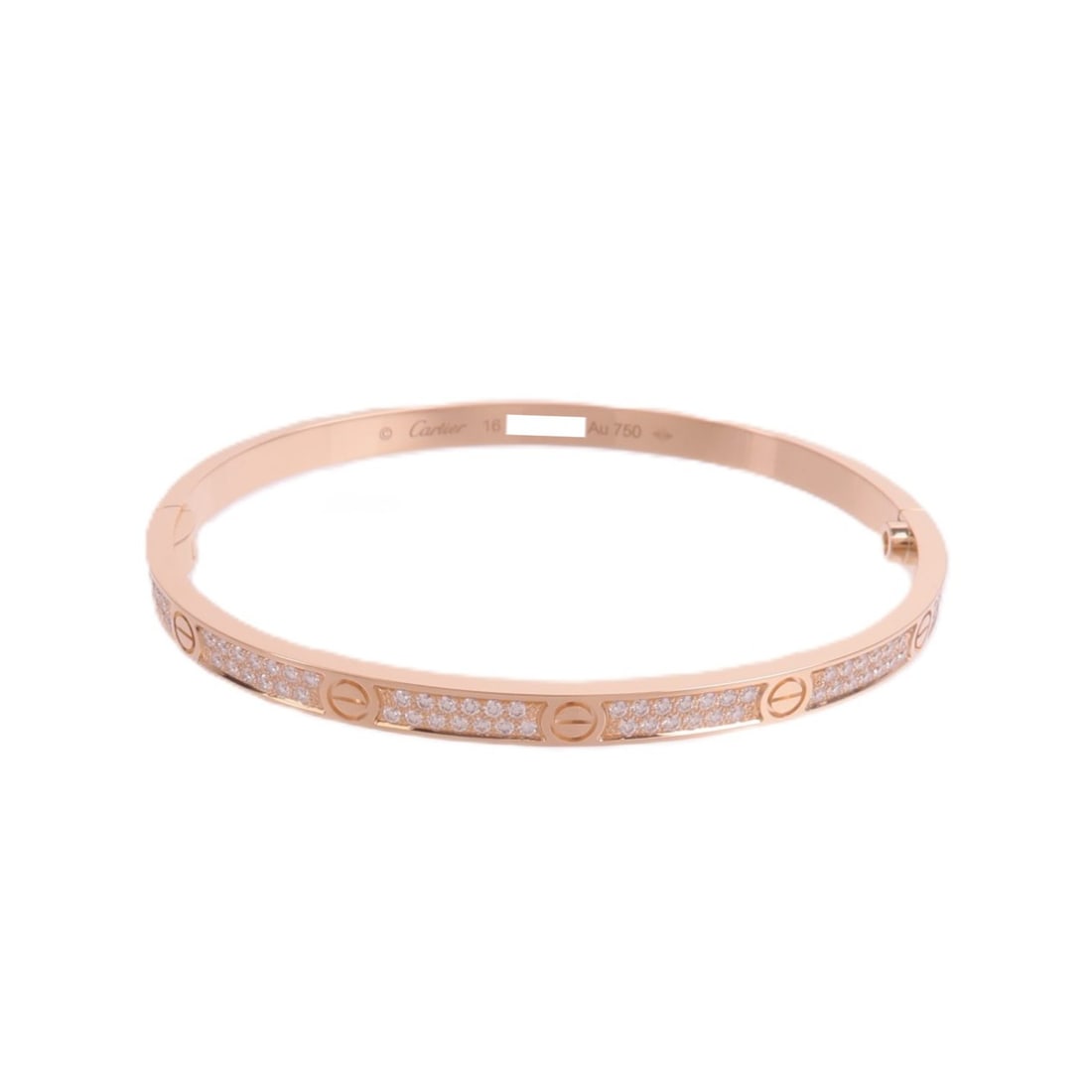Cartier Love diamond bangle 18K rose gold size 16: Cartier Love diamond bangle 18K rose gold size 16 This Cartier Love Bracelet SM is crafted from 18K pink (rose) gold and features a bangle design adorned with pave-set diamonds. Designed for women, it