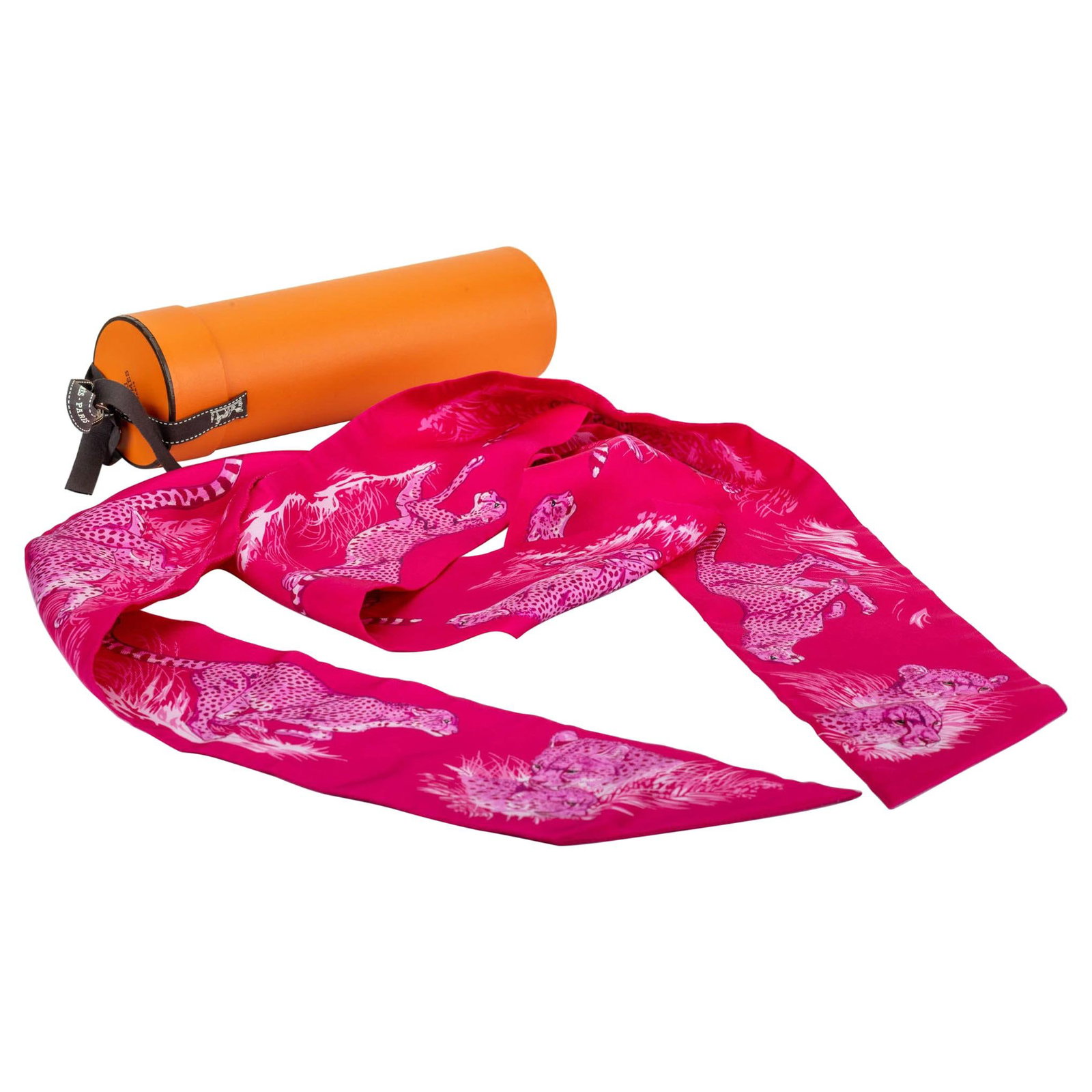 Hermes Fuchsia Guepards 100% Silk Maxi Twilly Scarf New in Box: Hermes Fuchsia Guepards 100% Silk Maxi Twilly Scarf New in Box Elevate your accessory collection with this stunning Hermes Guepards Fuchsia Thin Maxi Twilly Scarf. Crafted from 100% silk, this luxurio