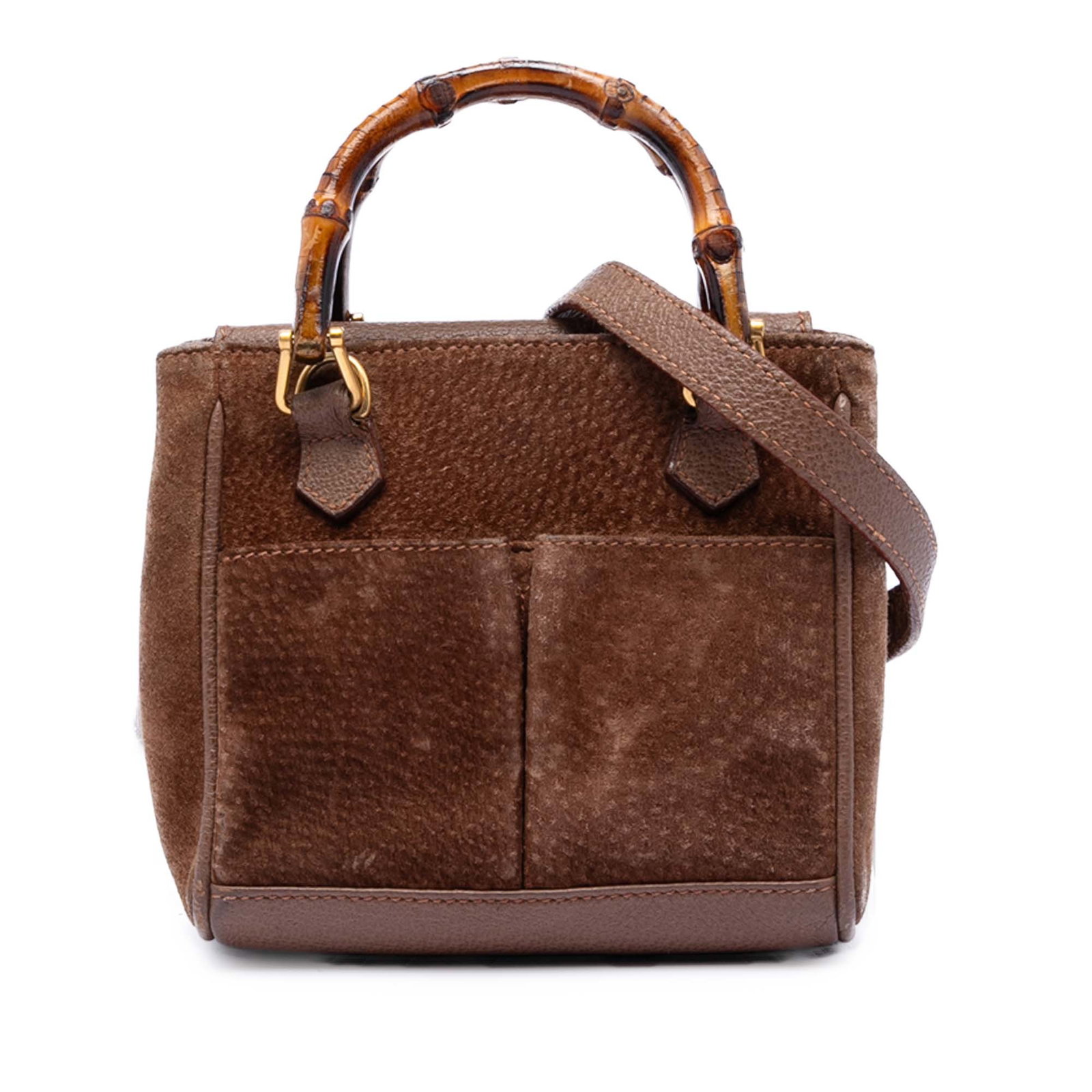 Gucci bamboo handle suede satchel with leather trim: Gucci bamboo handle suede satchel with leather trim This Gucci Mini Suede Bamboo Satchel is crafted from a brown suede body with leather trim and features distinctive bamboo top handles. The bag inclu