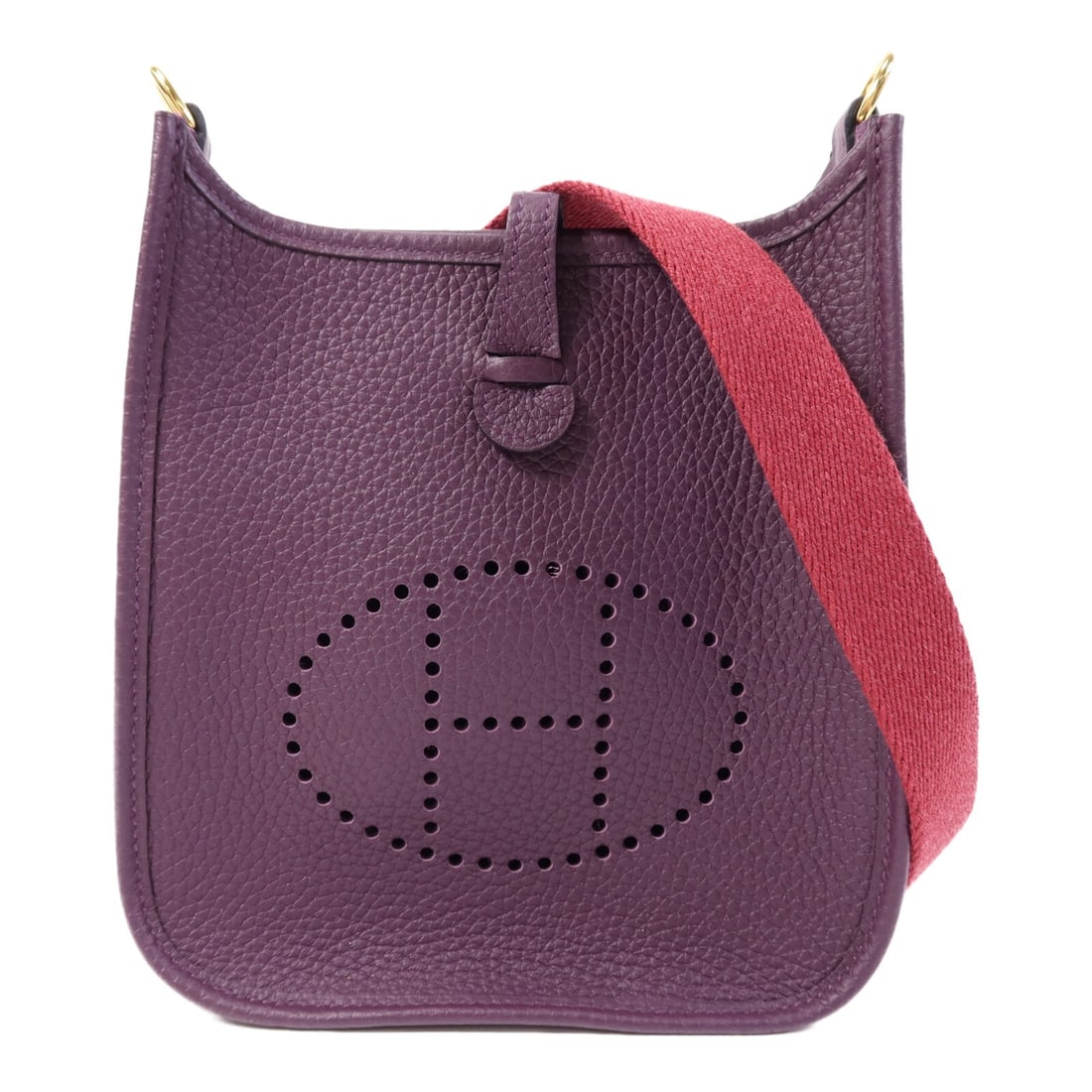 Hermes Evelyne TPM Purple Clemence Leather Shoulder Bag with Gold Hardware: Hermes Evelyne TPM Purple Clemence Leather Shoulder Bag with Gold Hardware Hermes Evelyne TPM shoulder bag crafted from Clemence calfskin leather in a cassis/rouge grenat purple hue. Features gold-ton
