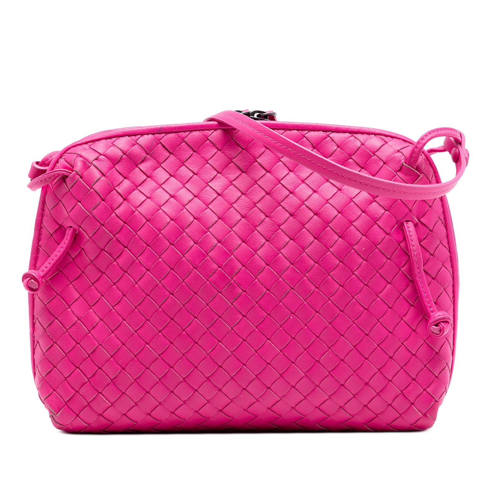 Bottega Veneta Pink Intrecciato Nodini Leather Crossbody Bag: Bottega Veneta Pink Intrecciato Nodini Leather Crossbody Bag This Bottega Veneta Mini Nappa Intrecciato Nodini Crossbody showcases the brand's signature woven leather design in a pink finish. The bag 