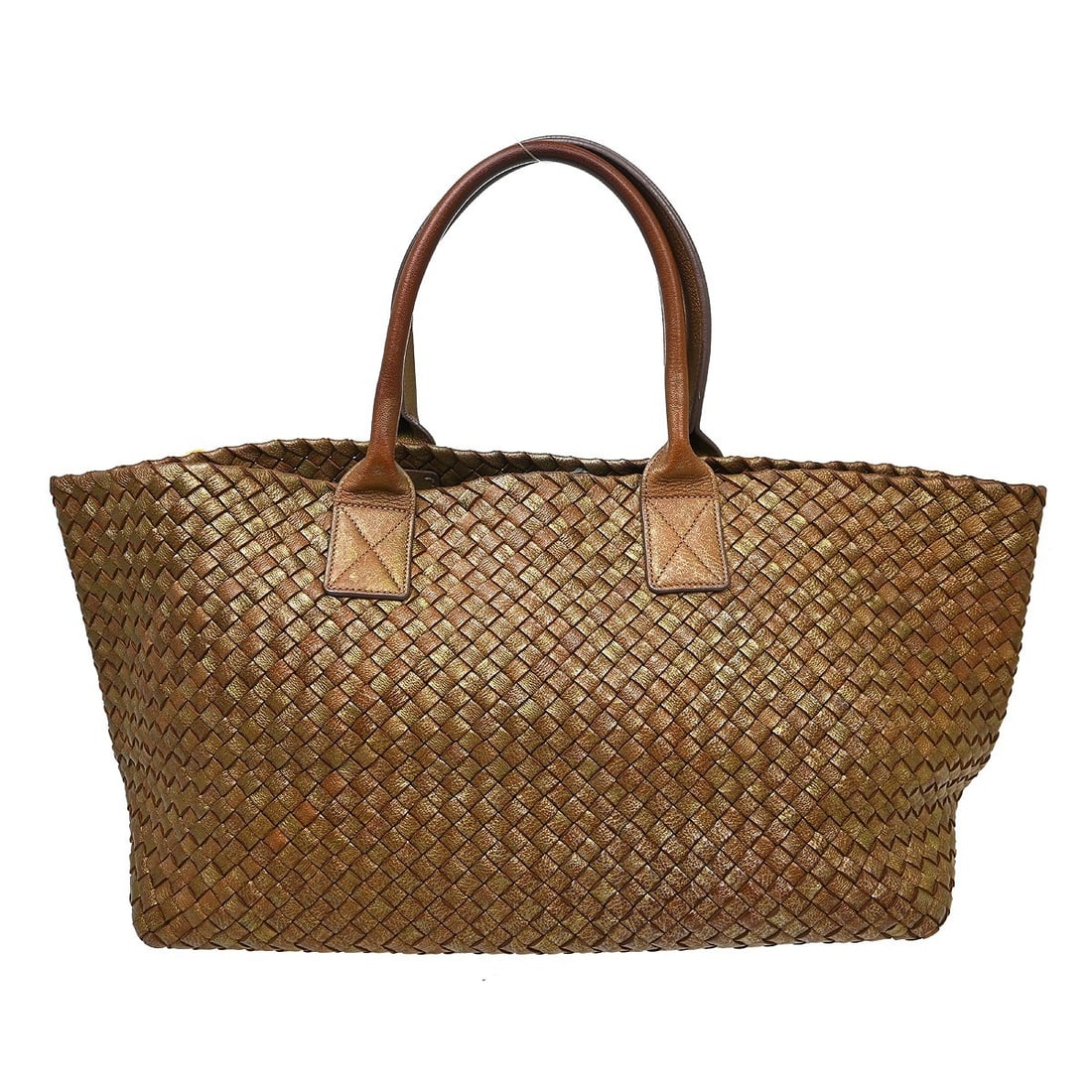 Bottega Veneta Intrecciato Leather Tote Brown Gold 15 in: Bottega Veneta Intrecciato Leather Tote Brown Gold 15 in This Bottega Veneta Intrecciato tote handbag features the brand's signature woven leather design in a rich brown color, complemented by gold ac