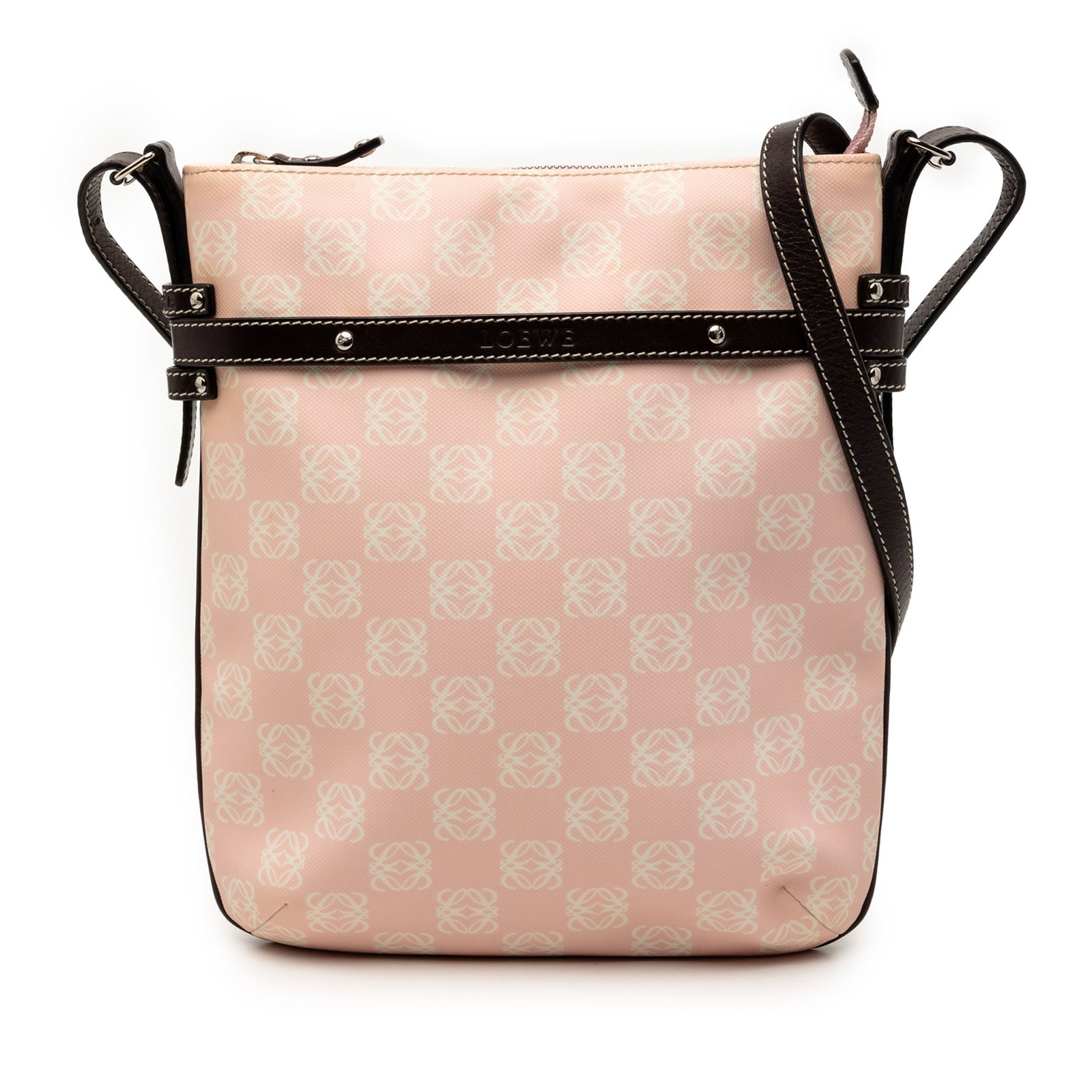 Pink Anagram Crossbody Bag by LOEWE with Leather Trim: Pink Anagram Crossbody Bag by LOEWE with Leather Trim This LOEWE Anagram crossbody bag features a coated canvas body accented with leather trim, a flat leather shoulder strap, a top zip closure, and a