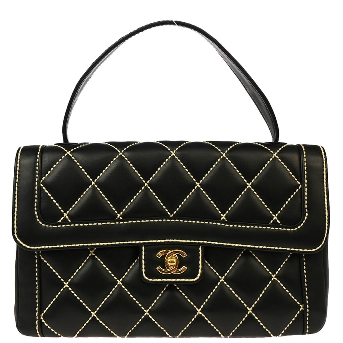Chanel Black Calfskin Wild Stitch Handbag Quilted Top Handle: Chanel Black Calfskin Wild Stitch Handbag Quilted Top Handle This Chanel Black Calfskin Wild Stitch Handbag is a stylish and versatile accessory perfect for casual occasions. Featuring a quilted patte