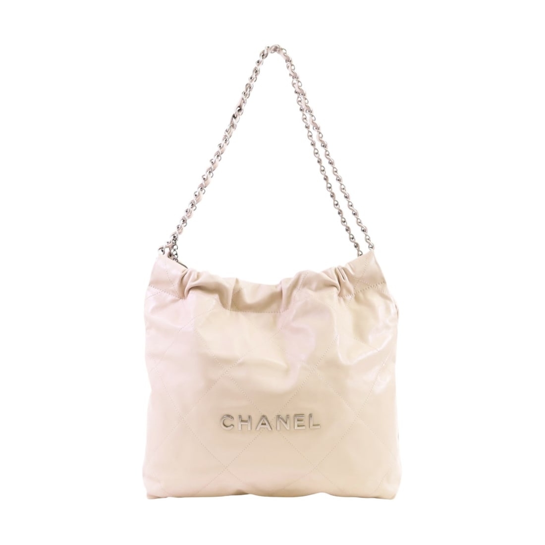 Chanel 22 Small Calfskin Chain Shoulder Bag in Beige with Silver Tone Hardware: Chanel 22 Small Calfskin Chain Shoulder Bag in Beige with Silver Tone Hardware This CHANEL 22 Small Chain Shoulder Bag showcases classic elegance with its apricot beige calfskin leather exterior. Desi