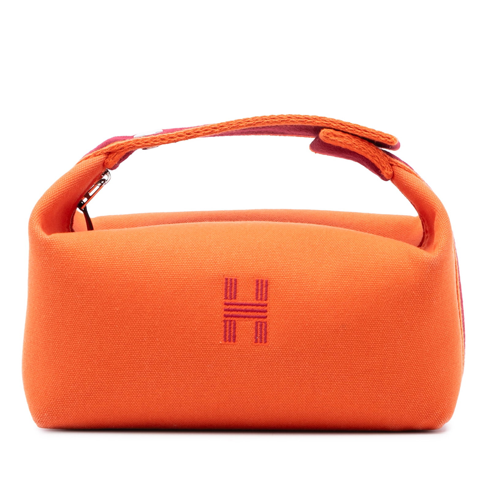 Orange Fabric Bride-A-Brac Pouch by Hermes with Top Zip: Orange Fabric Bride-A-Brac Pouch by Hermes with Top Zip This Hermes Small Toile Bride A Brac Case features a durable orange canvas body with a flat handle, a top zip closure, and interior slip pockets