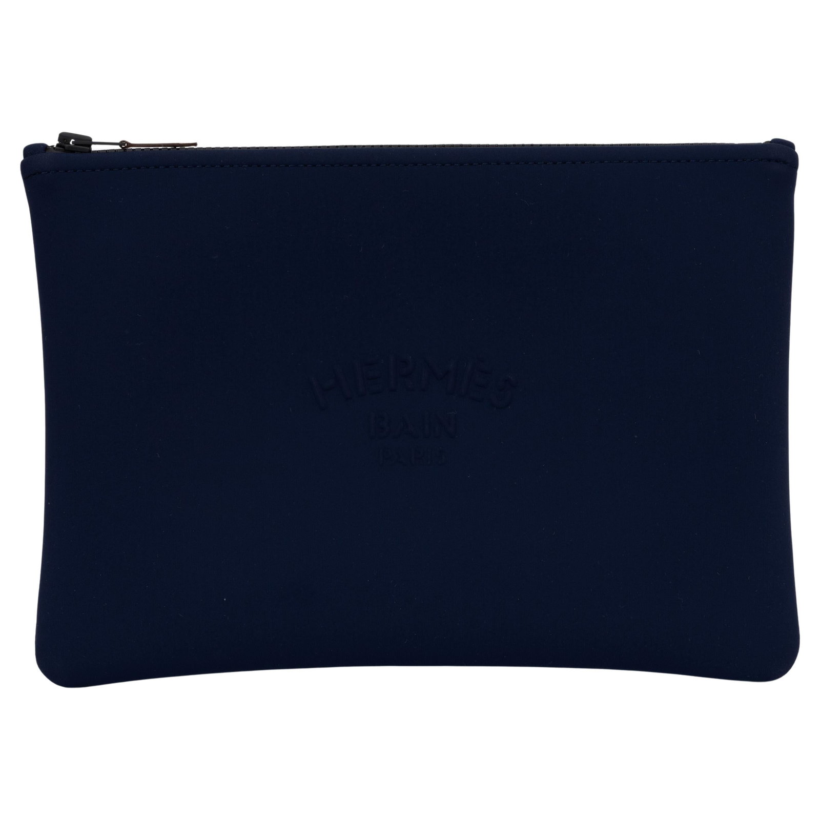 Hermes Navy Neoprene Pouch with Shopping Bag 11x8: Hermes Navy Neoprene Pouch with Shopping Bag 11x8 Introducing the Hermes New Navy Neoprene Pouch, a stylish and functional accessory perfect for your on-the-go needs. This contemporary pouch features 