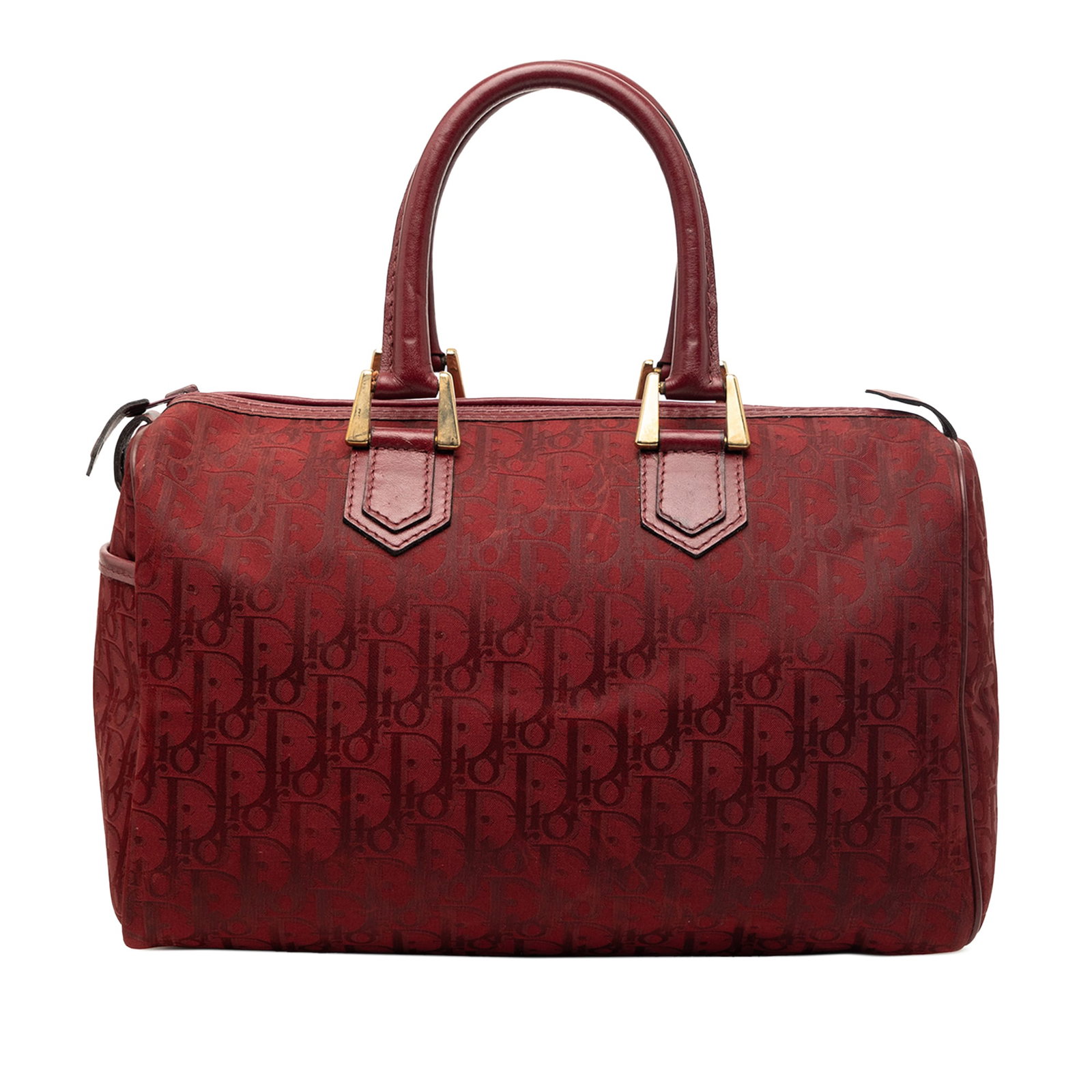 Dior red canvas Boston bag Diorissimo Trotter: Dior red canvas Boston bag Diorissimo Trotter This Diorissimo Trotter Canvas Boston Bag features a canvas body accented with leather trim, rolled leather handles, a top zip closure, an exterior side s