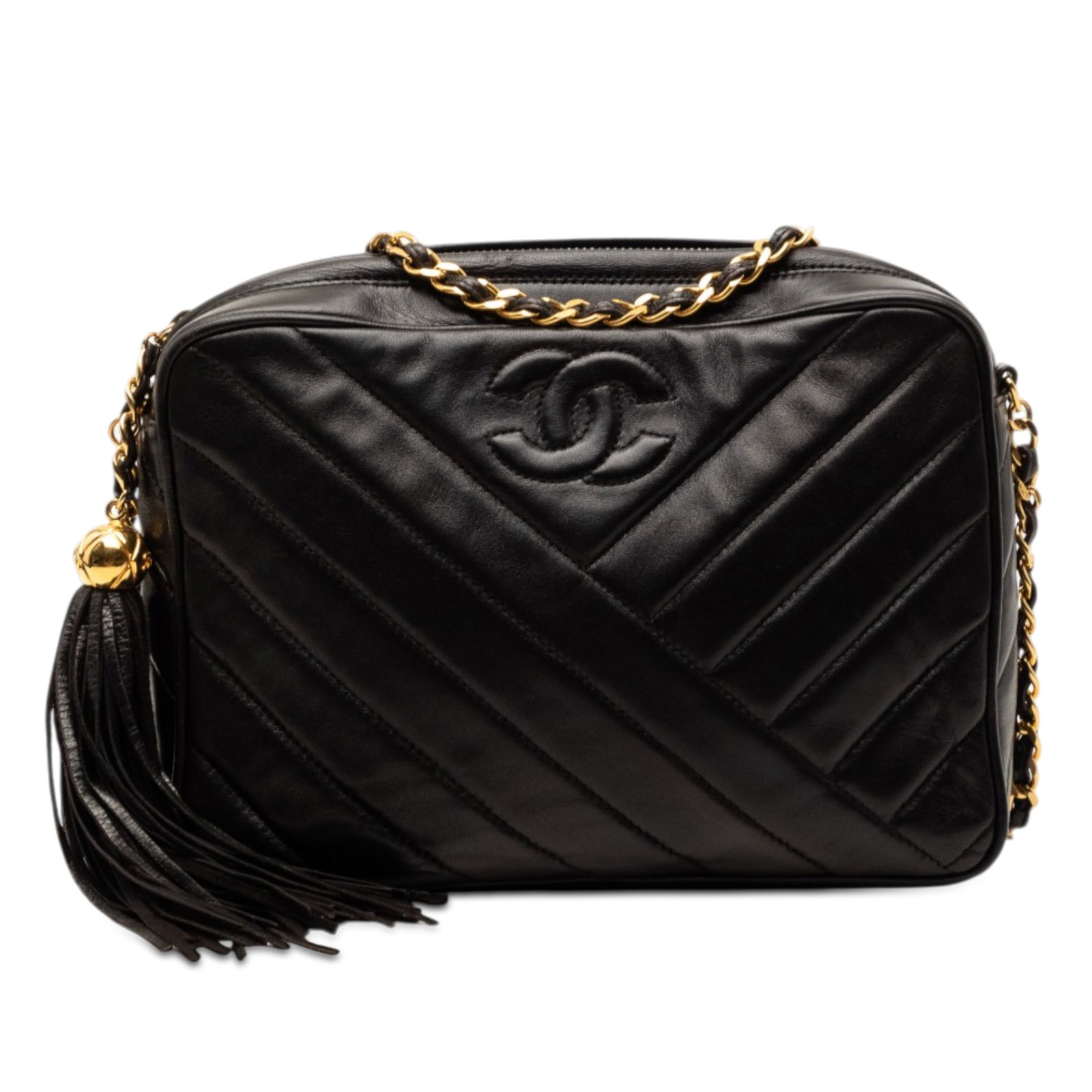 Chanel black lambskin crossbody camera bag CC Diagonal Quilted Tassel: Chanel black lambskin crossbody camera bag CC Diagonal Quilted Tassel This Chanel CC Diagonal Quilted Lambskin Tassel Camera Bag features a luxurious quilted lambskin leather body in black, complement