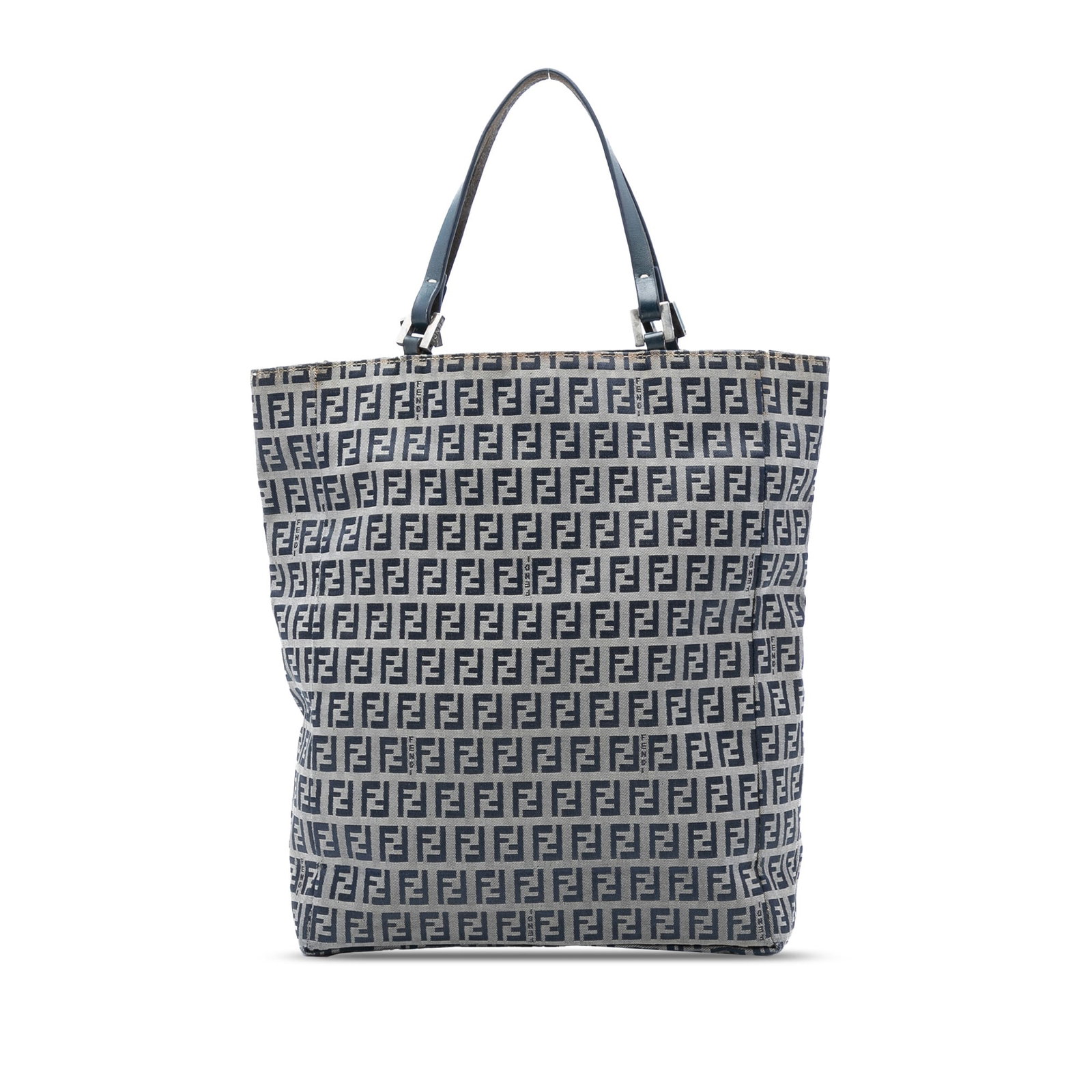 Fendi Zucchino Pattern Canvas Tote Bag with Leather Straps: Fendi Zucchino Pattern Canvas Tote Bag with Leather Straps This Fendi Zucchino Canvas Tote features a gray canvas body with flat leather straps, an open top with snap closure, and an interior zip pock
