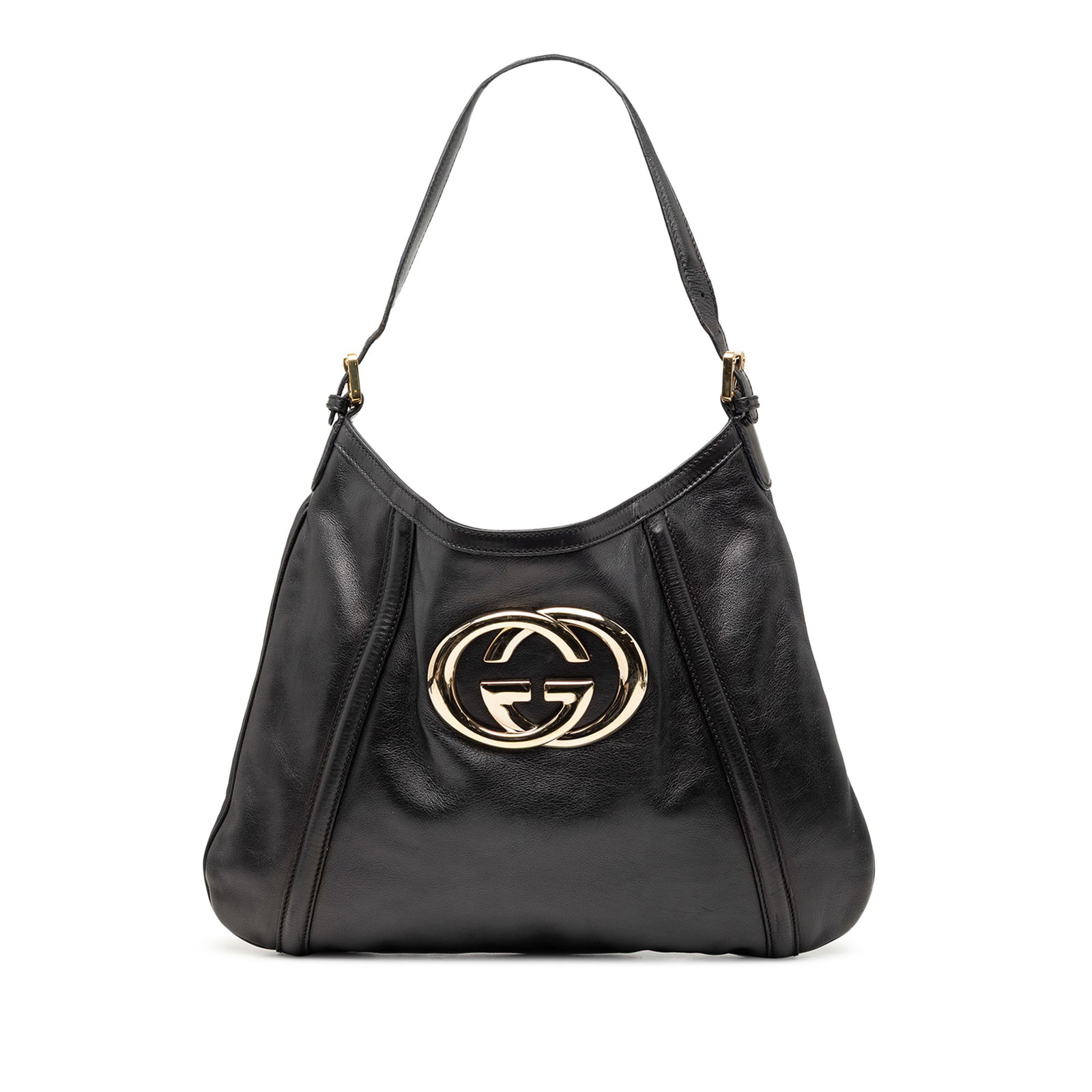 Gucci Britt Black Calfskin Leather Shoulder Bag with Interlocking G: Gucci Britt Black Calfskin Leather Shoulder Bag with Interlocking G This Gucci Britt shoulder bag is crafted from calf leather and features a flat leather strap, an open top with a magnetic snap closu