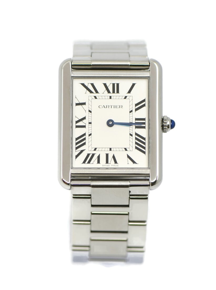 Cartier Tank Solo W5200014 Stainless Steel Quartz Wristwatch: Cartier Tank Solo W5200014 Stainless Steel Quartz Wristwatch This Cartier Tank Solo wristwatch features a stainless steel case and bracelet with a smooth bezel and a solid caseback. The silver dial is